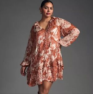 Anthropologie Marais Printed Chiffon Midi Dress Rust, Cream, Tan, SZ L
